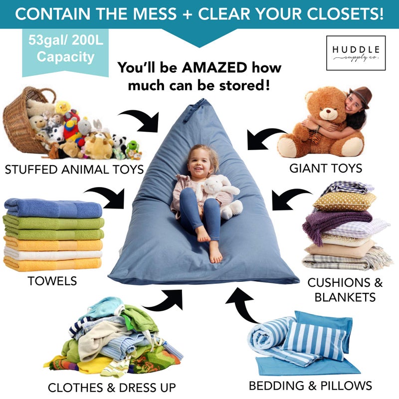 Huddle Supply Co Huddle Original Stuffed Animal Storage Chair Washable Bean Bag Cover (No Filler) for The Perfect Kids Bean Bag Chair. XL Bean Bag Stuffed Animal Storage Bags | Store 100+ Toys 100% Cotton Blue Denim - Image 3